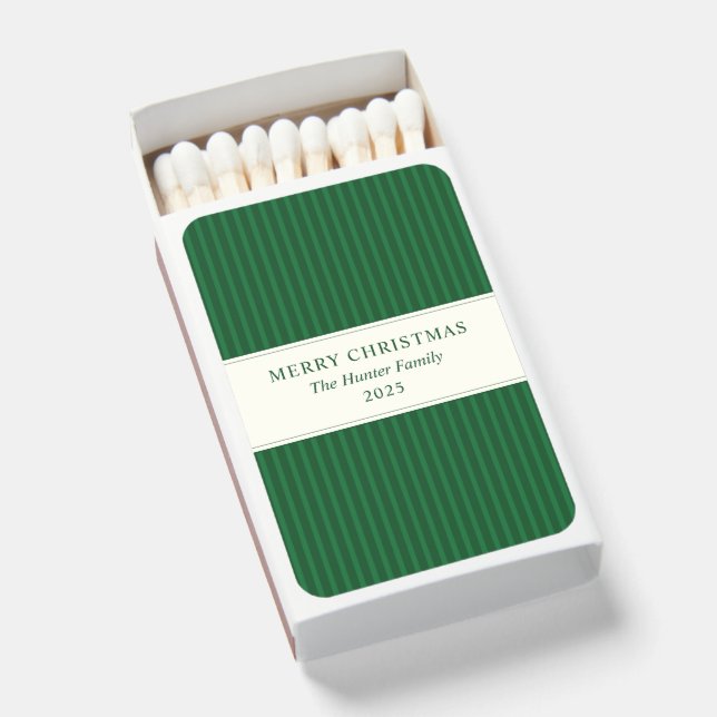 Modern Christmas Minimal Green Stripe Matchboxes (Front Open)