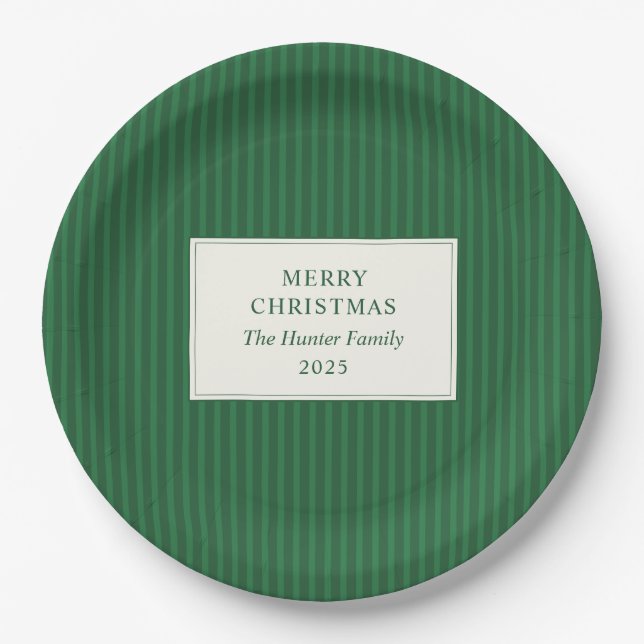 Modern Christmas Minimal Holiday Green Stripes Paper Plates (Front)