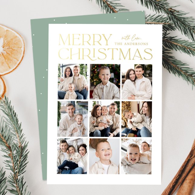Modern Christmas Mint Green 9 Photo Collage Foil Holiday Card (Creator Uploaded)