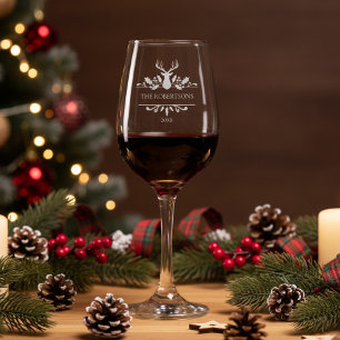 Modern Christmas Monogram Family Name Wine Glass