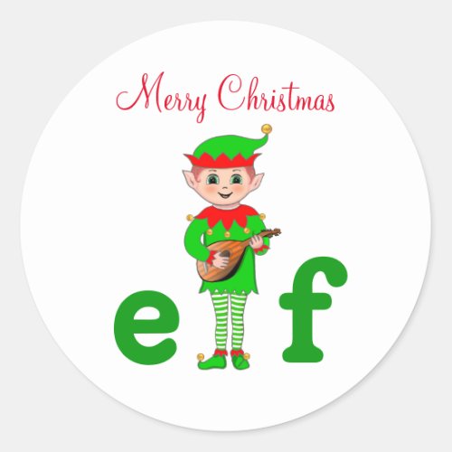 Modern Christmas Musical Elf on White  Classic Round Sticker