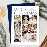 Modern Christmas Navy 9 Photo Collage Holiday Card<br><div class="desc">Modern Christmas photo card featuring "Merry Christmas" displayed at the top of the design in trendy navy lettering with a white background. A photo collage of 9 photos is shown below in a grid-style layout. Personalize the multi-photo Christmas card with your family name. The card reverses to display a navy...</div>