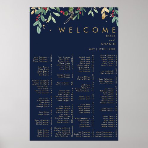 Modern Christmas  Navy Alphabetical Seating Poster