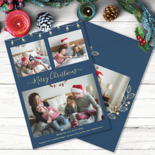 Modern Christmas Navy Blue Gold Collage Photo Holiday Card