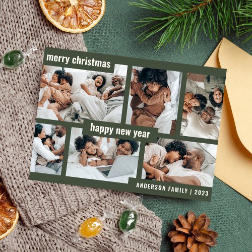 Modern Christmas New Year Six Photo Collage Green Holiday Card