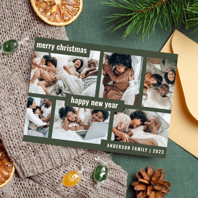 Modern Christmas New Year Six Photo Collage Green Holiday Card (Creator Uploaded)