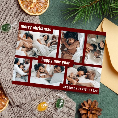Modern Christmas New Year Six Photo Collage  Holiday Card