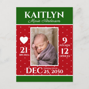 Modern Christmas Newborn Stats Birth Announcement Postcard