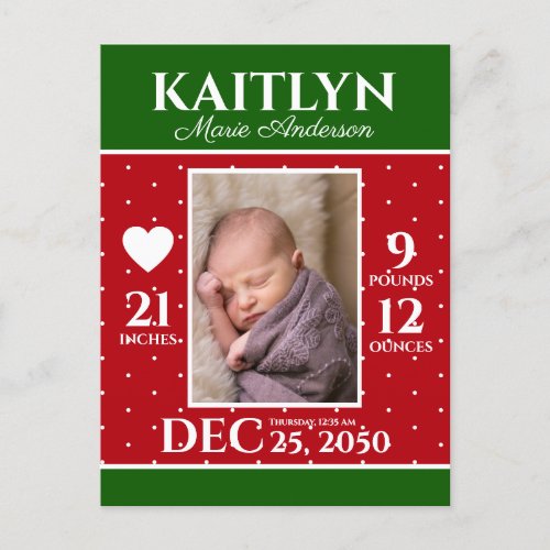 Modern Christmas Newborn Stats Birth Announcement Postcard
