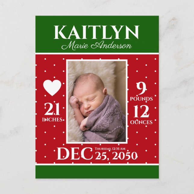 Modern Christmas Newborn Stats Birth Announcement Postcard (Front)