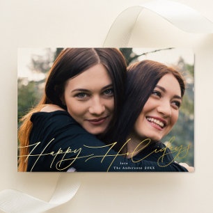 Modern Christmas One Photo Happiest Gold Foil Holiday Card