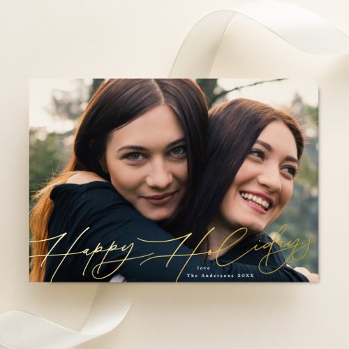 Modern  Christmas One Photo Happiest Gold Foil Holiday Card