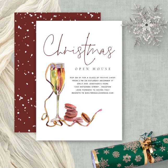 Modern Christmas Open House Script Invitation (Front and back view)