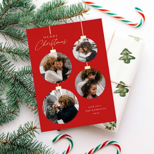 Modern Christmas Ornament 4 Photo Collage Foil Holiday Card