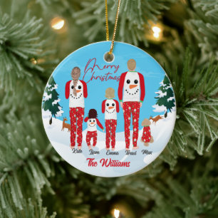 Modern Christmas Pajamas Family of 5 Personalized  Ceramic Ornament