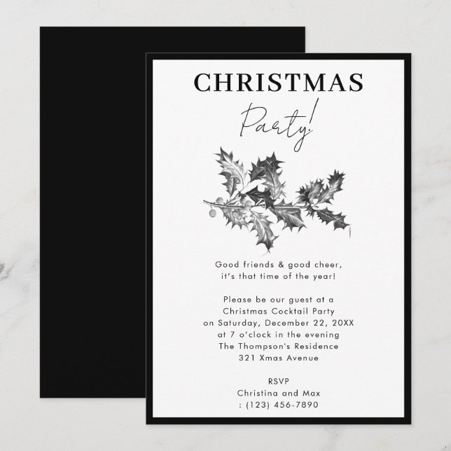 Modern Christmas Party Black White Holly Berries Invitation (Front/Back)