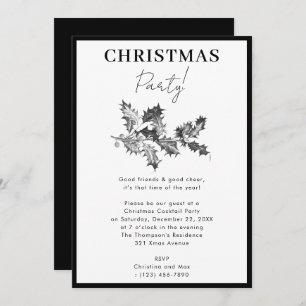 Modern Christmas Party Black White Holly Berries Invitation