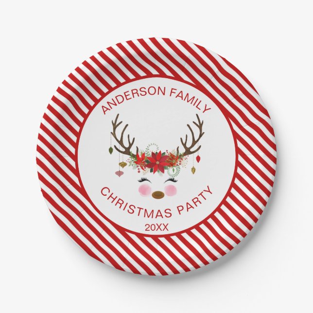 Modern Christmas Party Personalized Reindeer Paper Plates (Front)