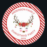 Modern Christmas Party Personalized Reindeer Seal<br><div class="desc">Modern Christmas Party Personalized Reindeer Candy Cane striped Party Envelope or Favor Goodie Bag Seal Sticker with Red and White Stripes and a cute Reindeer with Floral Antlers and Ornaments. The family name and date can be update on these customized Christmas Party Paper Sticker. Please contact the designer for additional...</div>