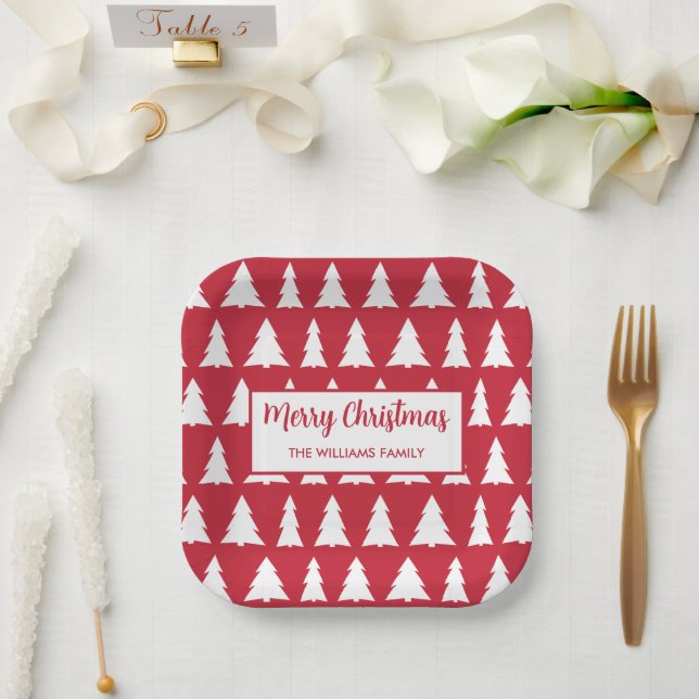 Modern Christmas Party Red White Tree Pattern Paper Plates (Wedding)