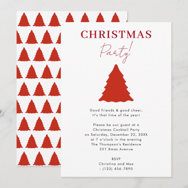 Modern Christmas Party Red Xmas Tree  Invitation (Front/Back)