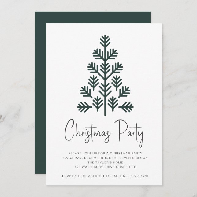 Modern Christmas Party Tree Green Invitation (Front/Back)