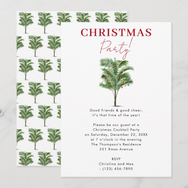 Modern Christmas Party Tropical Palm Tree Invitation (Front/Back)