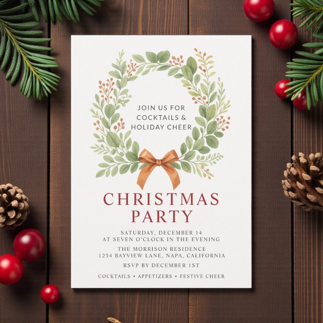 Modern Christmas Party Wreath Red Bow Invitation (Creator Uploaded)