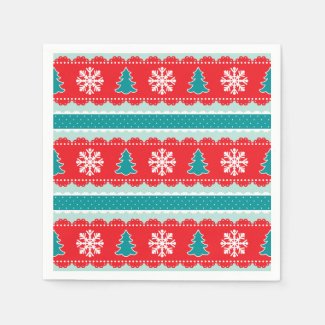 Modern Christmas Pattern With Snowflakes & Trees Paper Napkins