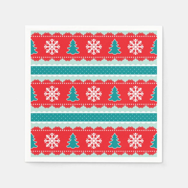 Modern Christmas Pattern With Snowflakes & Trees Paper Napkins (Front)