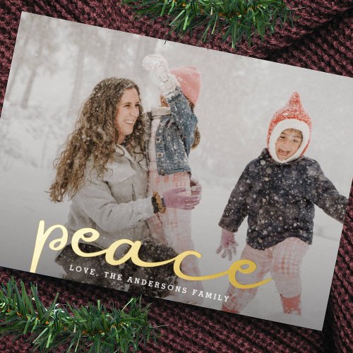 Modern Christmas PEACE Hand Lettering Family Photo Foil Holiday Card