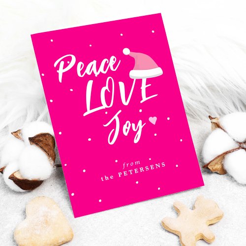 Modern Christmas peace love joy script pink Holiday Card
