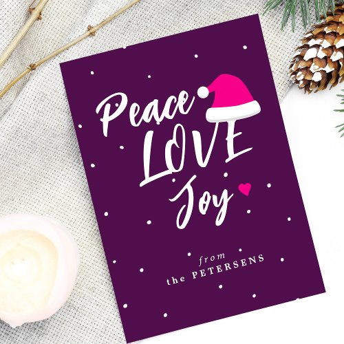 Modern Christmas peace love joy script purple Holiday Card