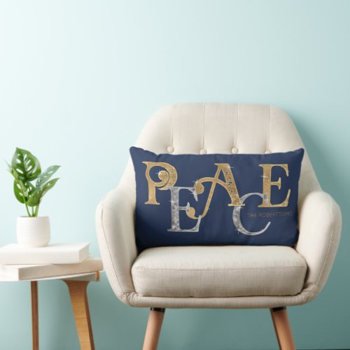 Modern Christmas Peace Navy Blue Gold Silver Name Lumbar Pillow