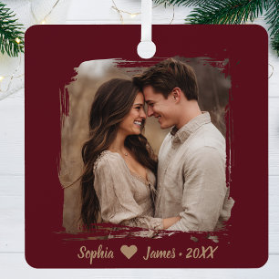 Modern Christmas Personalized Couple Photo Metal Ornament