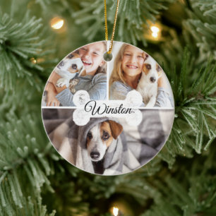 Modern Christmas Pet Dog Bone Three Photo Collage Ceramic Ornament
