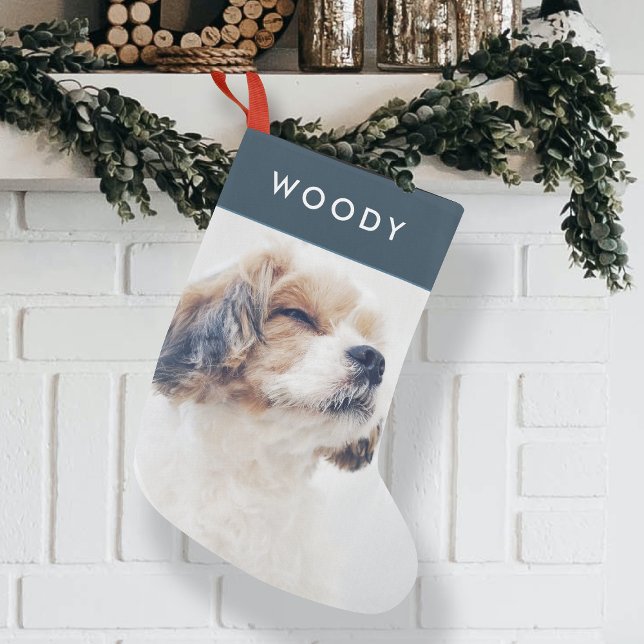 Modern Christmas Pet | Minimal Dog Photo Navy Blue Small Christmas Stocking (Creator Uploaded)