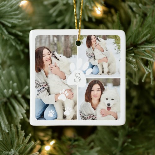 Modern Christmas Pet Monogram Four Photo Collage Ceramic Ornament