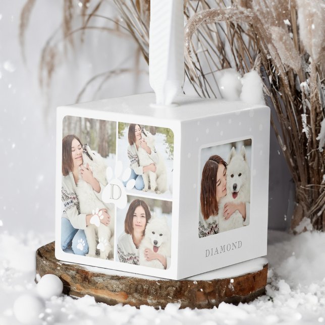 Modern Christmas Pet Monogram Four Photo Collage Cube Ornament (Modern Christmas Pet Monogram Four Photo Collage Cube Ornament)