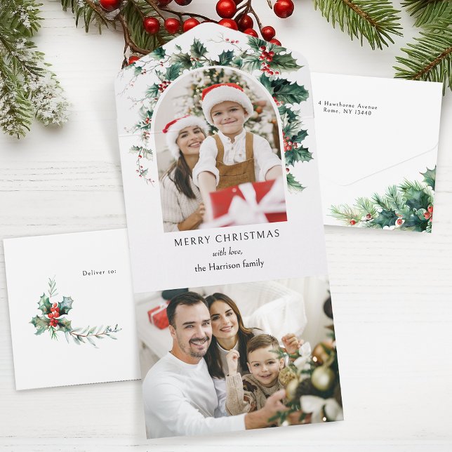 Modern Christmas Photo Arch w/Holly All In One Invitation (Creator Uploaded)