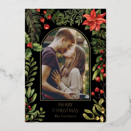 Modern Christmas Photo Arch Watercolor Floral Foil Holiday Card