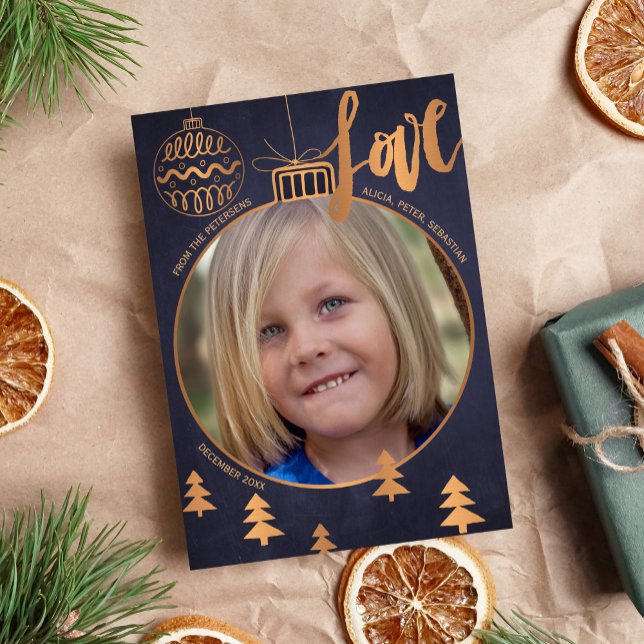 Modern Christmas photo faux metallic copper navy Holiday Card (Creator Uploaded)