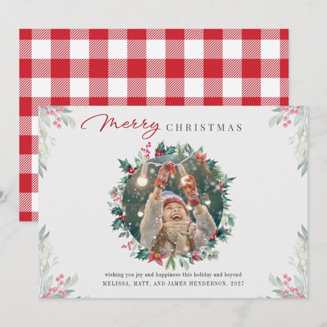 Modern Christmas Photo Gingham Botanical Holiday Card (Front/Back)