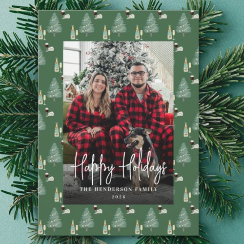 Modern Christmas Photo Tree Festive Lights Wine Holiday Card