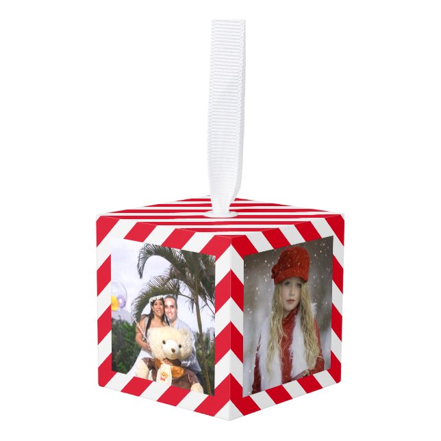 Modern Christmas pictures on red & white striped Cube Ornament (Front Angled)