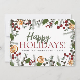 Modern Christmas pine holly oranges Happy Holidays Holiday Card