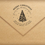 Modern Christmas Pine Tree Family Return Address Rubber Stamp<br><div class="desc">This modern round Christmas return address stamp features a pine tree covered with snow in the center. The Merry Christmas greetings, Family name, and address are placed around it. The round modern font is easy to read, simple, and clean. The Family name is in the script. You can easily customize...</div>