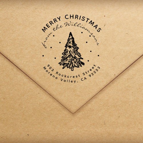 Modern Christmas Pine Tree Family Return Address Rubber Stamp