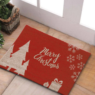 Modern Christmas Pine Tree Snowflak Silhouette Fiber Doormat