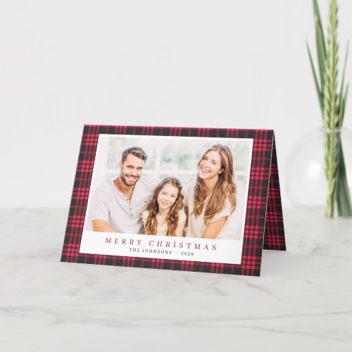 Modern Christmas Pink Black Plaid Tartan Pattern Holiday Card